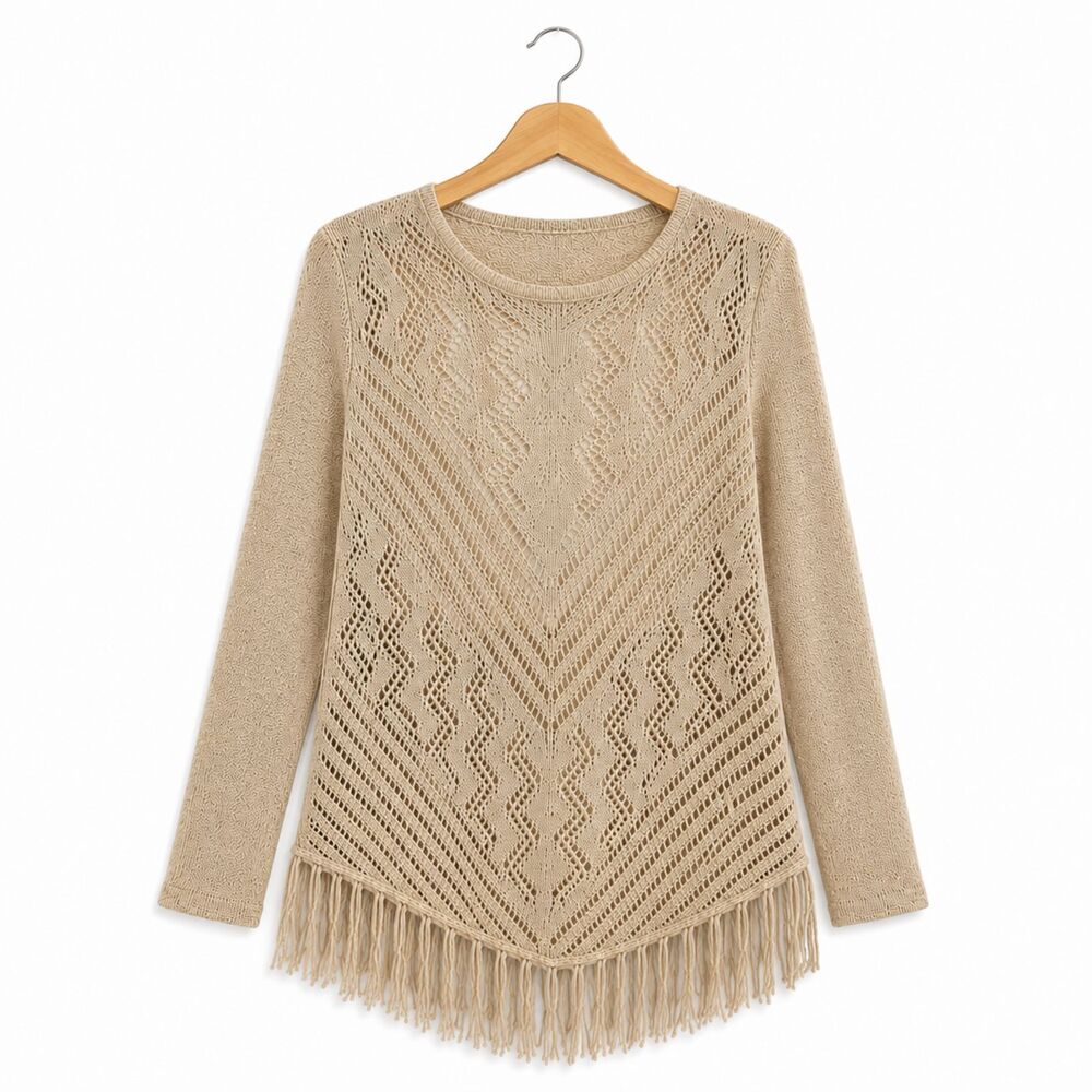 Style & Co Cream Tan Knit Fringe Boho Western Indie Desert Festival Sweater M